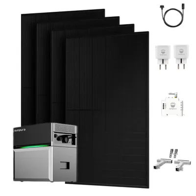 Produktbild von Balkonkraftwerk mit Speicher, Sunpura S2400 Speicher mit 4x 500W Solarpanel & Smarter Zähler & 2x Plug, 4x Balkon-Halterung Silber (0% MwSt)