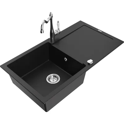 Obrázek produktu pro Mexen Leo 1-miskový granitový dřez s odkapávačem a kuchyňskou baterií Carla, Černá - 6501-77-670700-00