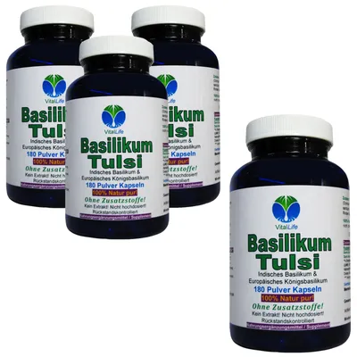 Produktbild von Basilikum Tulsi 720 (4x180) Pulver Kapseln NATUR Pur NICHT hochdosiert KEIN Extrakt OHNE Zusatzstoffe OHNE Füllstoffe.