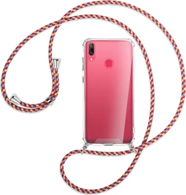 Produktbild von Handykette Backcover-Schutzhülle mit Band (Metall silberfarben) für Huawei Y7 2019, Y7 Prime 2019 - weinrot/gelb/grau