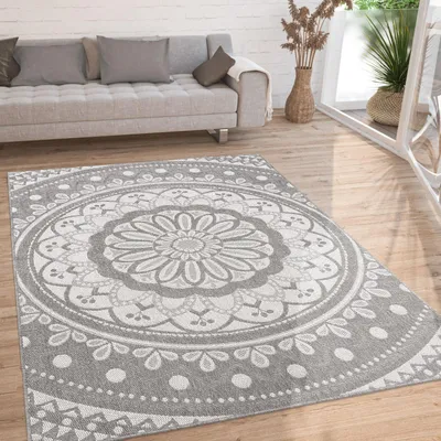 Produktbild von Teppich Kurzflor Mandala Wohnzimmer schmutzabweisend Grau Rechteckig 120x160 | 100% Polypropylen, Rücken aus Polypropylen | pflegeleicht