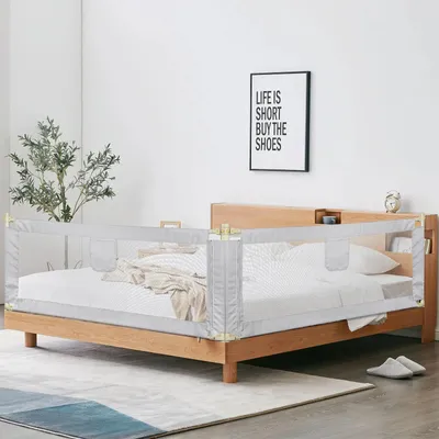 Zdjęcie produktu dla Barierka do łóżka dziecięcego – zabezpieczenie przed wypadnięciem – regulowana wysokość do 70 cm – długość 200 cm – oddychająca siatka – stalowa rama – łatwy montaż – kolor czarny