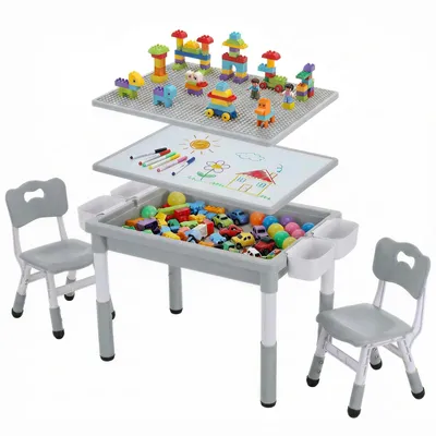 Image de Table pour enfants avec 2 chaises - Ensemble de 3 pièces comprenant une table d'activités - Plateau réversible - Espace de rangement - Motifs de blocs de construction et de graffitis - Plastique - Gris