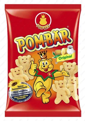 A bag of Pom Bär Original potato chips with cartoon characters and product information.