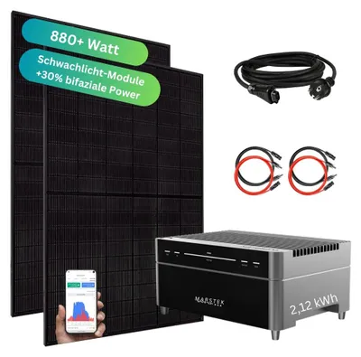 Produktbild von MYVOLTAICS Balkonkraftwerk 880 Watt mit Speicher Marstek Venus A 2,12 kW, aufrüstbar, Nulleinspeisung und Notstrom möglich, optimales Einsteigermodell