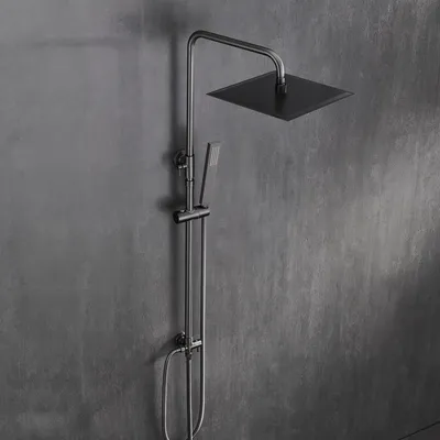 Produktbild von JOHO Edelstahl Duschset ohne Armatur, Regendusche Duschsystem mit Duschkopf, Duschstange, Duschschlauch, Kopfbrause Eckig 25x25cm Gunmetal Grau