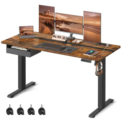 Produktbild von VASAGLE Höhenverstellbarer Schreibtisch elektrisch, mit Steckdose und Schublade, 60 x 140 cm Memory-Funktion, vintagebraun-schwarz