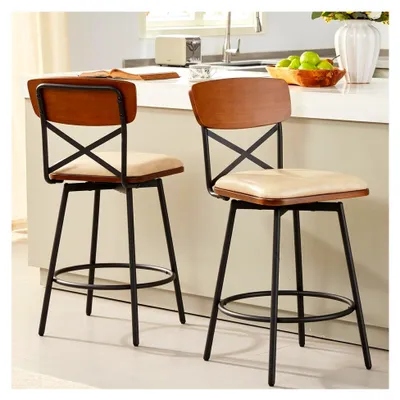 Produktbild von Barhocker im 2er-Set mit drehbarer Thekenhöhe, gepolstert und mit Rückenlehne, 66 cm Sitzhöhe, Massivholzrahmen und Metall, Kunstleder, elfenbeinfarben