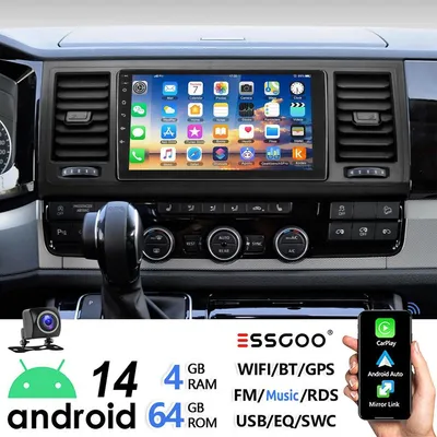 Productafbeelding van Android 14 autoradio met GPS-navigatie en CarPlay, geschikt voor VW T6 Transporter Multivan, 9-inch touchscreen, 4GB RAM, 64GB opslag, 2 DIN, Bluetooth, Wi-Fi, RDS