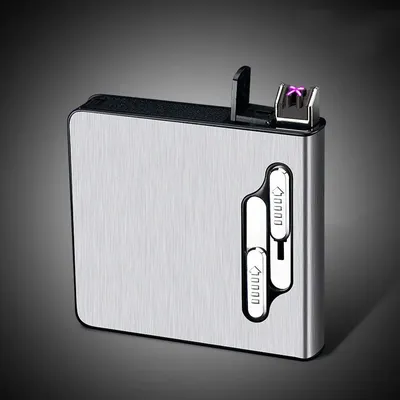 Produktbild von Zigarettenetui mit Plasma Feuerzeug | Zigarettenbox Metall | Zigarettenspender | Super als Geschenk | Farbe Silber