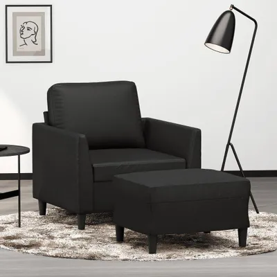 Produktbild von Schwarzer Kunstledersessel mit Fußhocker, 60 cm – Sessel mit Hocker für das Wohnzimmer