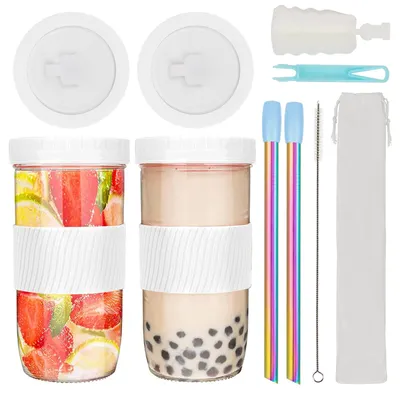 Produktbild von Boba-Becher Bubble Tea Becher mit Deckel und Strohhalm, 2er Set 720ml Boba-Teetassen, Einmachgläser, Eiskaffee, Smoothie, Cocktail, Nachhaltig