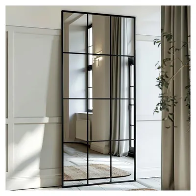 Produktbild von Fensterspiegel 76 x 180 cm in Schwarz mit Aluminiumrahmen, rechteckiger Wandspiegel für Innenräume, Wohnzimmer, Flur, Eingangsbereich und Garten