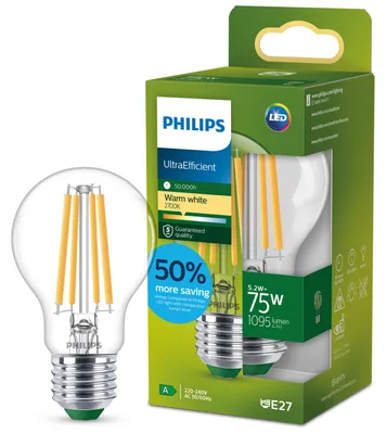 Productafbeelding van Philips Gloeilamp, 75 W, A60, E27, 5,2 W, 75 W, E27, 1095 lm, 50.000 uur, Warm wit