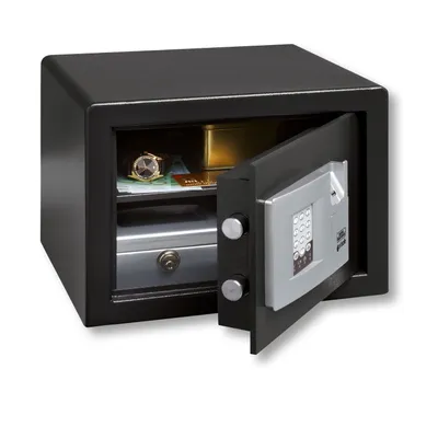 An open safe with items inside.