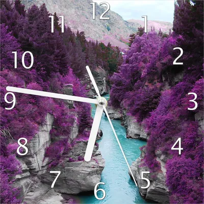 Produktbild von Wallario Design Wanduhr Fluss in lilafarbener Schlucht aus Echtglas, Größe 20 x 20 cm
