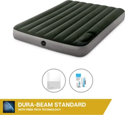 Produktbild von Intex Luftbett - 2 Personen - 137 x 191 x 25 cm - Grün - Mit eingebauter Fußpumpe + Spannbettlaken Weiß + Reperaturset