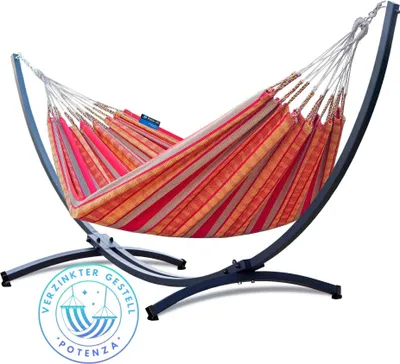 Produktbild von Potenza Outdoor Pereira Hängematte mit Verzinkter Gestell für 2 Personen I 100% Baumwolle Doppelhängematte 230x160 cm, 200kg I Hängemattengestell 220kg, wetterfest