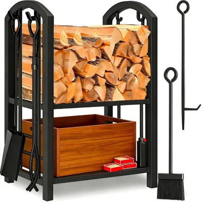Immagine prodotto di Supporto in legno per camino con 4 utensili e ampia capacità