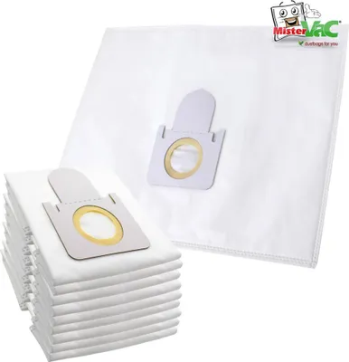 A stack of white vacuum cleaner bags in the foreground and a single vacuum cleaner bag in the background, both with a gray cardboard attachment.
