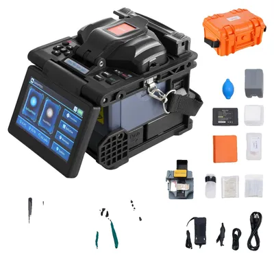 Image de Épisseur de fibre optique VEVOR avec 6 moteurs, alignement du noyau, 6 s d'épissure & 13 s de chauffage, épissure de fibre optique avec écran LCD 5 pouces, support de fibre 3 en 1