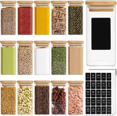Produktbild von Bambuspottensatz, 16 Stück, 10 oz, luftdicht, quadratisch, schwarz, leerer Kräuterpott für Gewürze und Zucker.