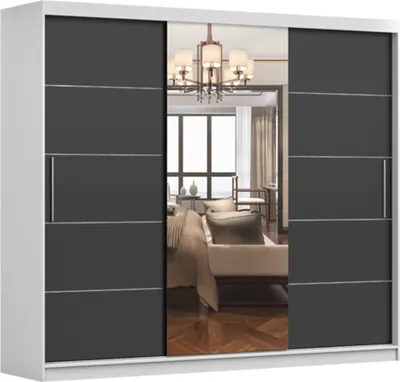 Produktbild von Kleiderschrank mit Spiegel Schwebetürenschrank mit 3-türig,  Wohnzimmerschrank,  3-türig Schrank mit vielen Einlegeböden und Kleiderstange Gaderobe Schiebtüren Schlafzimmer - 250x218x61 cm - ELBA I Weiß + Schwarz