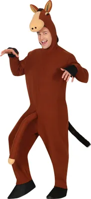 Produktbild von Tierisch Lustige Pferde-Party Jumpsuit Braun Einteiler Kapuze Schwanz Junggesellenabschied Tierkostüm Spaß Accessoire Erwachsene Feier, Größe: 48 - 50 (M) Farbe: Braun