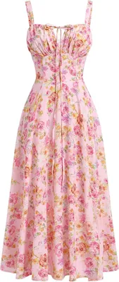 Produktbild von ASKSA Damen Sommer y aermellos Spaghettitraeger Boho Blumen Lang Kleid mit Schlitz (Rosa,L)