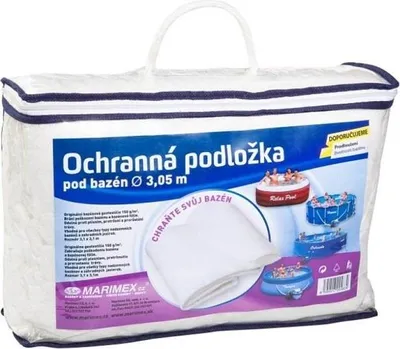A white plastic bag containing a folded geotextile mat for under a pool. The bag has blue and white striped trim and a handle. The front of the bag features product information and images of pools.