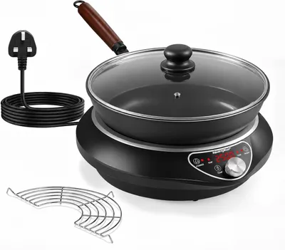 Induktionskochplatte mit Wok, 2500 W, 12 Stufen, Timer, schwarz
