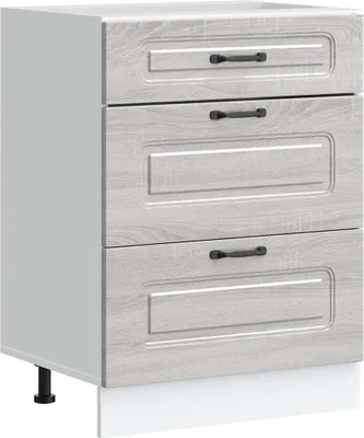 A three-drawer kitchen base cabinet with a gray Sonoma wood effect finish and black handles, shown against a white background.