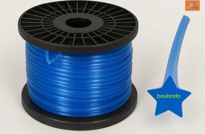 A spool of blue trimmer line is shown next to a blue star-shaped object with text.