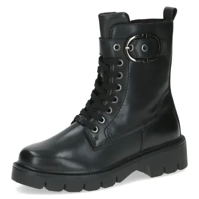 A black leather boot on a white background.