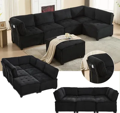 Immagine prodotto di Divano Sweiko lungo 308 cm Divano modulare a 6 posti, tessuto a coste, ergonomico, tasche portaoggetti, combinabile in modo flessibile come divano a U, a L e a letto, struttura stabile in legno e metallo, facile da montare, nero