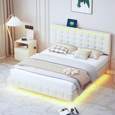 Produktbild von CDGlobal Polsterbett 160 x 200 cm, gepolsterter Schwebebettrahmen mit LED-Leuchten und Kopfteildesign, flächiges Doppelbett, Gästebett in hautfreundlichem Leinen, Beige