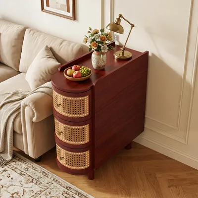 Produktbild von Schmaler Beistelltisch mit 3 Schubladen, Rattan-Optik & Kiefernholzbeine, 60x68x26cm, Braun, für Wohnzimmer & Schlafzimmer