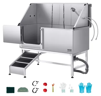 Image de Station de lavage pour chiens VEVOR en acier inoxydable, 1500x700x1495 mm Bac de soins pour animaux avec rampe, plaque de filtration d'eau en PE, robinet, pommeau de douche & porte-savon, pour grands, moyens & petits animaux domestiques (porte gauche)