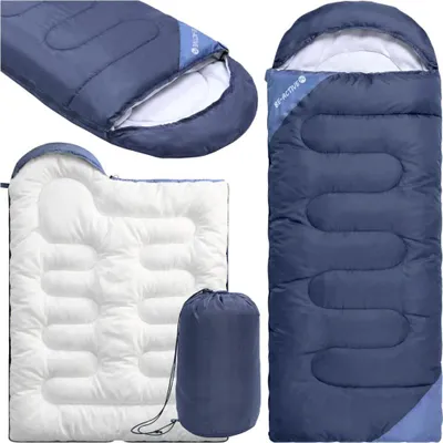 Image de Sac de couchage léger avec capuche 180 x 150 cm Camping Outdoor bleu marine avec housse