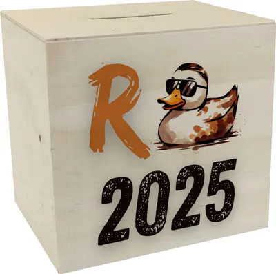 Produktbild von Ente mit Sonnenbrille Spardose aus Holz mit Spruch Rente 2025
