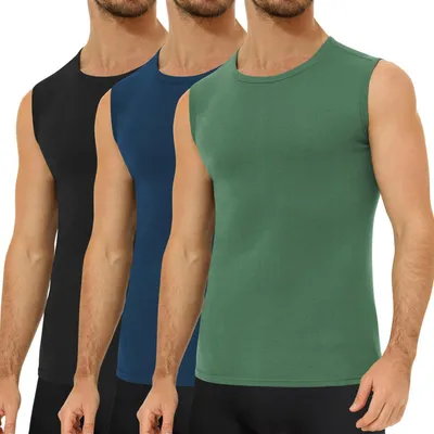Produktbild von 3er Pack Unterhemd Herren 100% Gekämmte Baumwolle Tank Top Ärmellos Schwarz-Marine-Olive L
