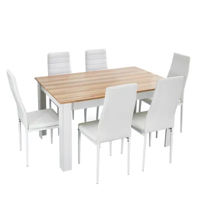 Produktbild von Mondeer Esstischset Essgruppe Esszimmergruppe mit 6 Stühlen Esstisch aus Holz Küchentisch Eiche+Weiß