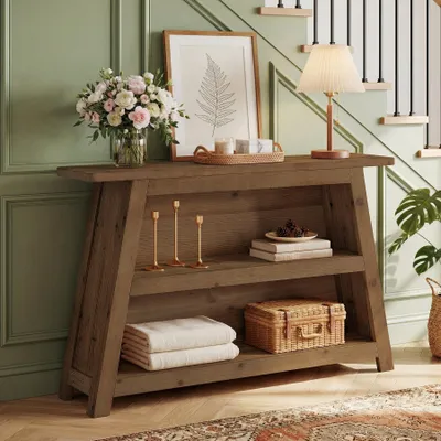 Image de Table console Tribesigns en bois massif, pour couloir, table d'entrée de 120 cm de haut avec compartiments de rangement, table basse à 3 niveaux de style cottage pour couloir ou hall d'entrée, marron