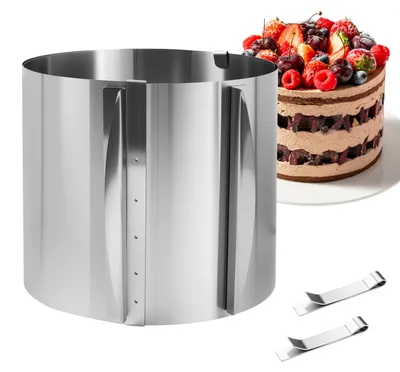 Tortenring aus Edelstahl, verstellbar 16-30 cm, Höhe 15 cm, mit Clips