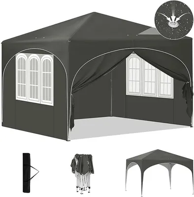 Produktbild von Pop-Up Faltpavillon wasserfest Winterfest, Pavillon 3x3 m faltbar, Grillpavillon stabil, Gartenpavillon mit Seitenwänden Fenstern Tasche, für Camping Strand Garten, Grau