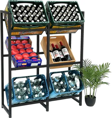 A multi-tiered metal shelving unit displaying various beverages and produce, with a potted plant to the side.