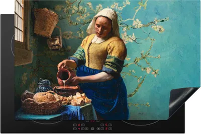 Produktbild von KitchenYeah© Herdabdeckplatte Milchmädchen - Mandelblüte - Van Gogh - Vermeer - Gemälde - Alte Meister , 80x52cm, Küche Deko, Glaskeramikkochfeld Herdabdeckung, Abdeckplatte fùr Kochfeld