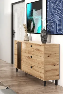 Produktbild von Sideboard Kommode Laura V Eiche Holz in Natur Schwarz Wohnzimmerschrank (Eiche Artisan und schwarz)