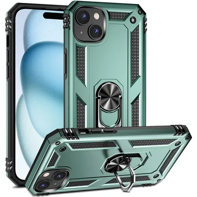 Obrázek produktu pro Pouzdro pro iPhone 15 dvouvrstvé robustní, vojenská ochrana pouzdro s držákem prstenu a stojánkem zelené