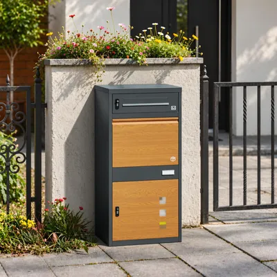 SoBuy Paketbox OGS67-N dunkelgrau mit Briefkasten-Fach und Holzdekor im Außenbereich